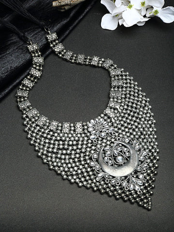 Silver-Toned Brass Handcrafted Ghungroo Studded Layered Temple Design Necklace