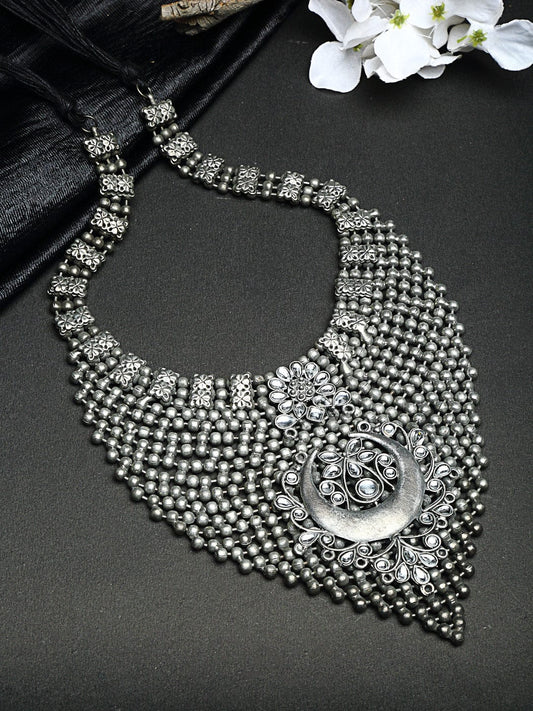 Silver-Toned Brass Handcrafted Ghungroo Studded Layered Temple Design Necklace