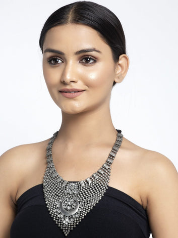 Silver-Toned Brass Handcrafted Ghungroo Studded Layered Temple Design Necklace