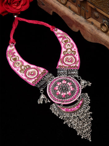 Silver-Toned & Pink Brass Silver-Plated Handcrafted Necklace