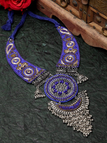 Women Blue Oxidised Afghan Tasseled Filigree Work Necklace