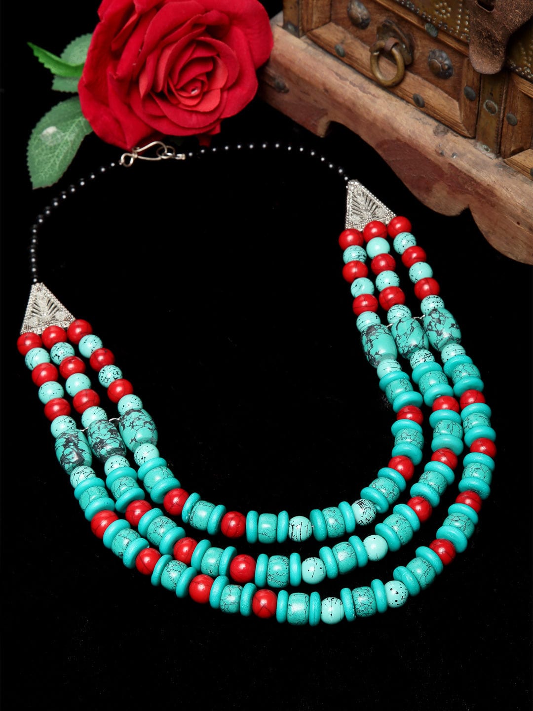 Silver-Toned & Blue Brass Silver-Plated Tribal Necklace