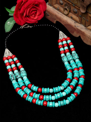 Silver-Toned & Blue Brass Silver-Plated Tribal Necklace