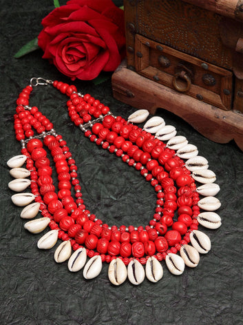Women Red Silver-Plated Tribal Necklace