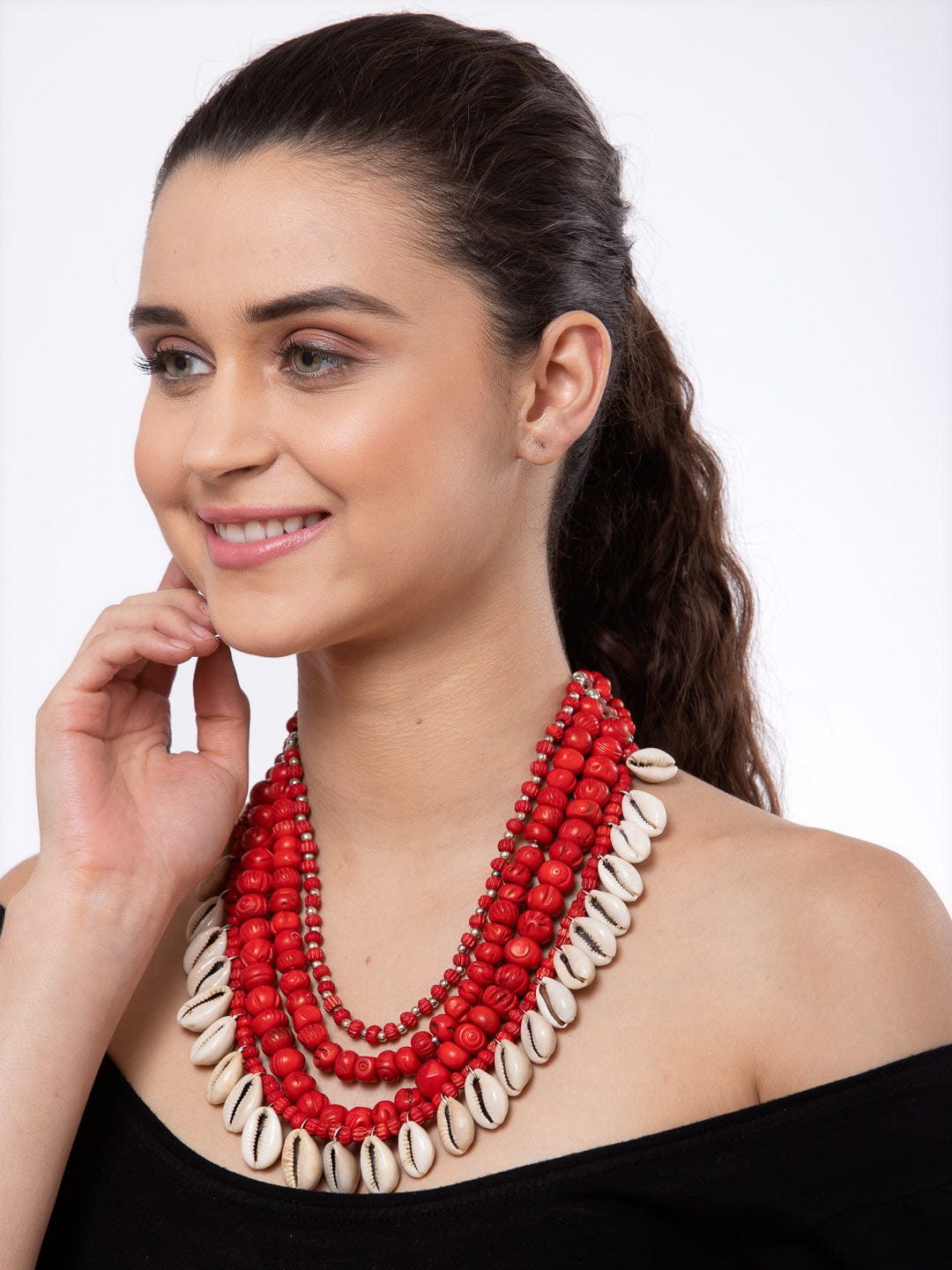 Women Red Silver-Plated Tribal Necklace