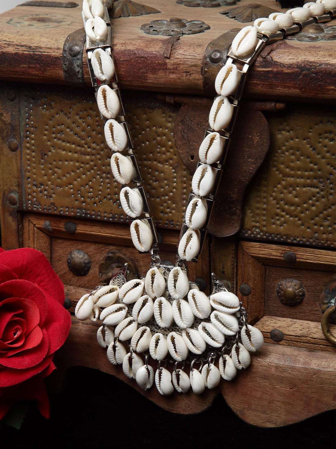 Silver-Toned & Off White Cowri Shells Silver-Plated Tribal Oxidised Necklace