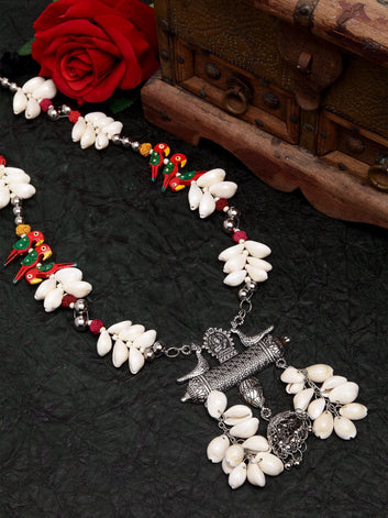 Women Silver Cowri Shells Studded Tribal Tasselled Necklace
