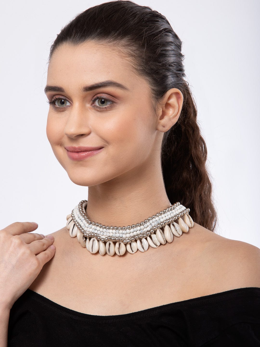 Women Off White Cowri Shells Studded Tribal Necklace