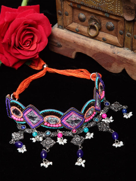 Women Multicoloured Brass Silver-Plated Afghan Necklace