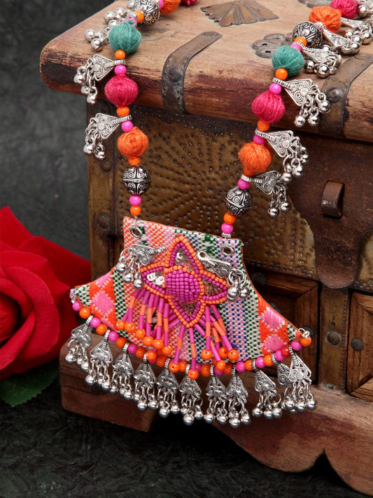 Women Pink & Orange Silver-Plated Beads Embroidered Handcrafted Necklace