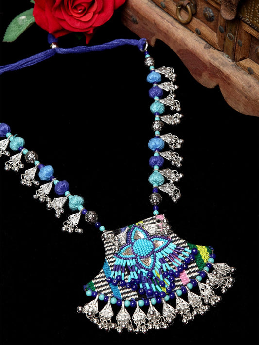 Silver-Toned & Turquoise Blue Brass Silver-Plated Handcrafted Necklace