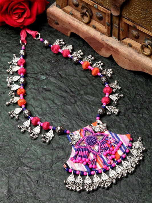 Silver-Toned & Magenta Brass Silver-Plated Tasseled Handcrafted Necklace
