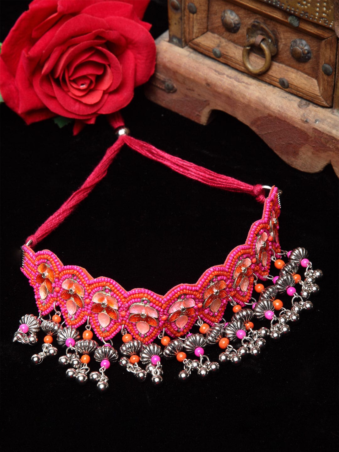 Pink & Orange Brass Silver-Plated Choker Necklace