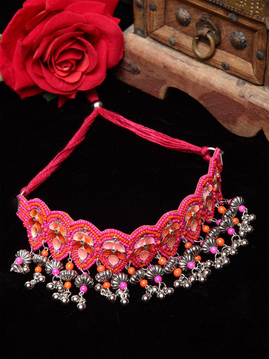 Pink & Orange Brass Silver-Plated Choker Necklace