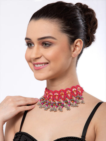 Pink & Orange Brass Silver-Plated Choker Necklace
