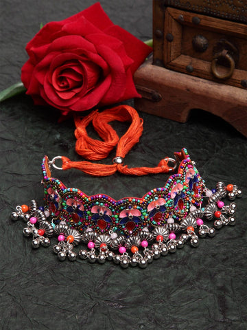 Women Red & Blue Beaded Oxidised Afghan Tasselled Choker Necklace