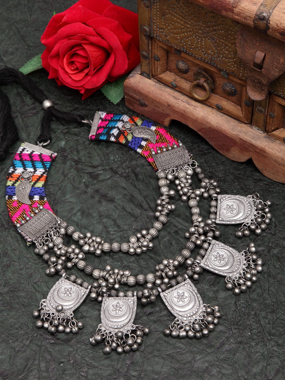 Silver-Toned & Pink Brass Silver-Plated Afghan Necklace