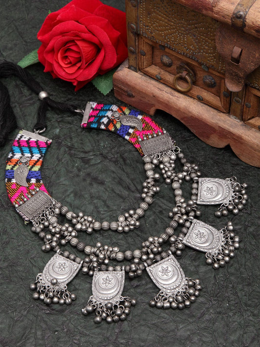 Silver-Toned & Pink Brass Silver-Plated Afghan Necklace