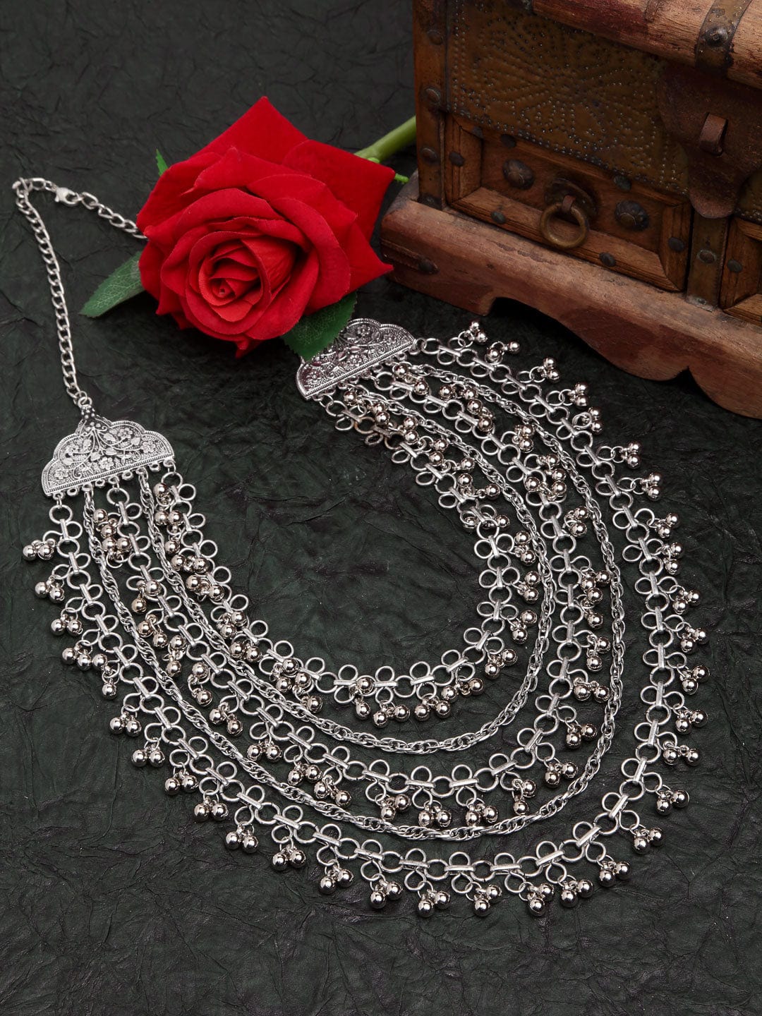 Women Silver-Toned & Plated Beads Studded Filigree Oxidised Layered Necklace