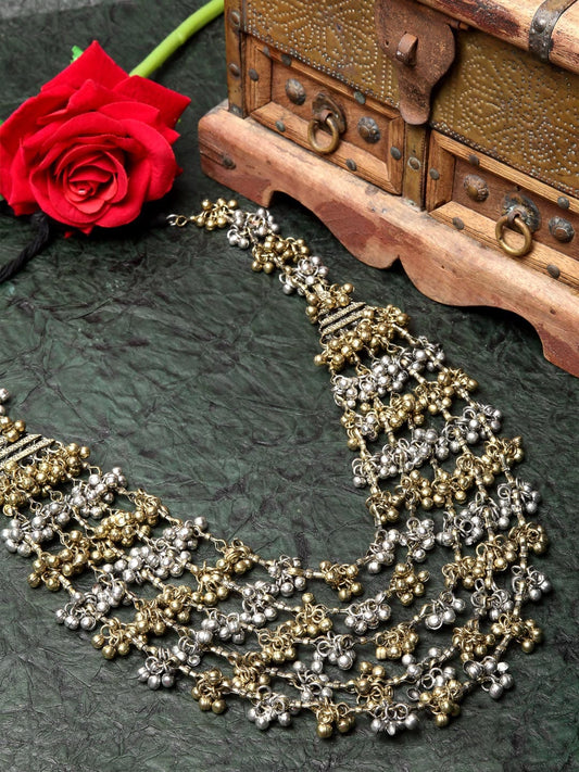 Gold-Toned & Silver-Toned Brass Gold-Plated Oxidised Tribal Layered Necklace