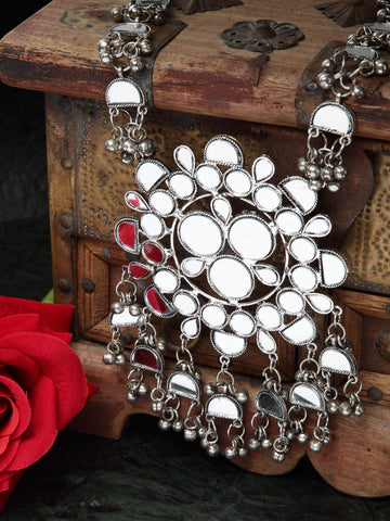 Women Silver-Toned & Plated Mirror Studded Floral Handcrafted Necklace