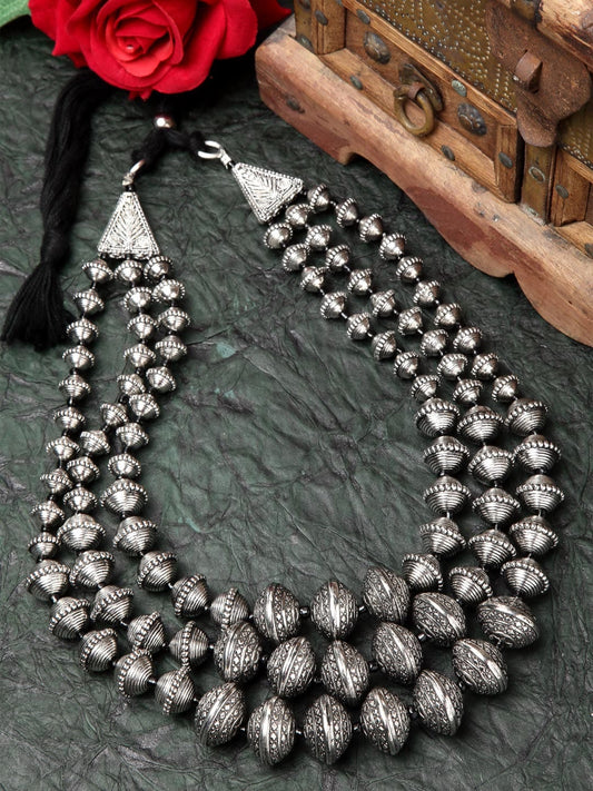 Women Silver Layered Tribal Design Oxidised Necklace