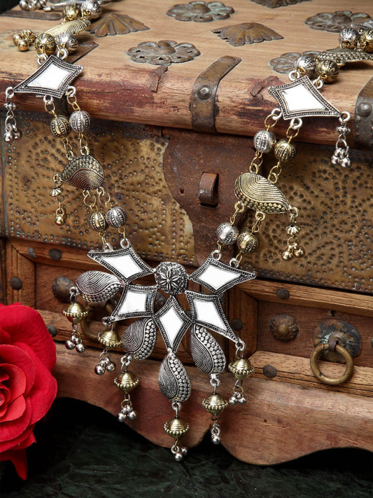 Women Gold Mirrors Studded Filigree Work Oxidised Necklace