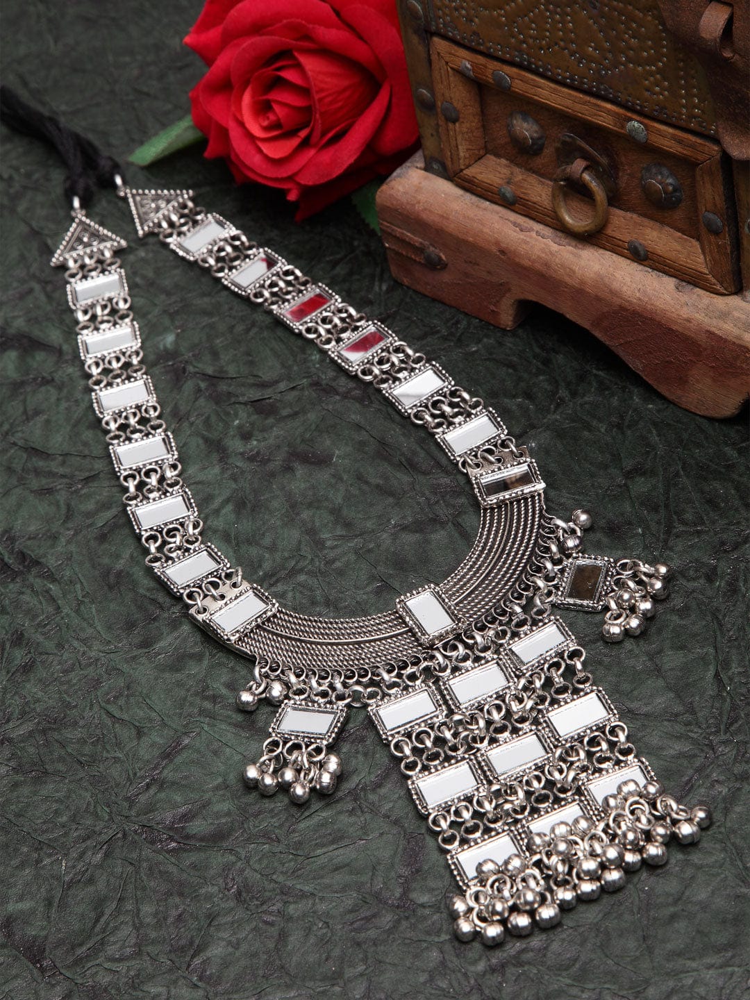 Women Silver-Toned & Plated Mirror Studded Filigree Work Necklace