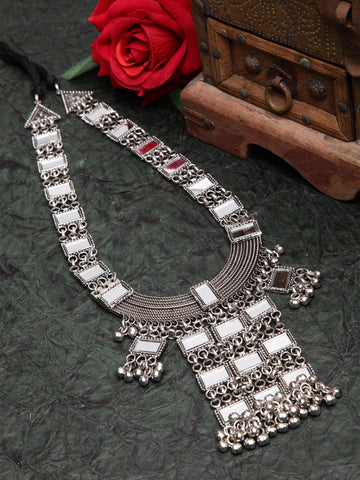 Women Silver-Toned & Plated Mirror Studded Filigree Work Necklace