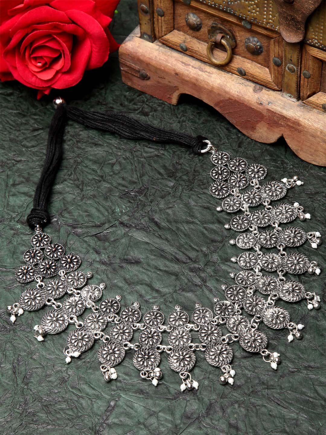 Silver-Toned & Black Brass Silver-Plated Oxidised Necklace