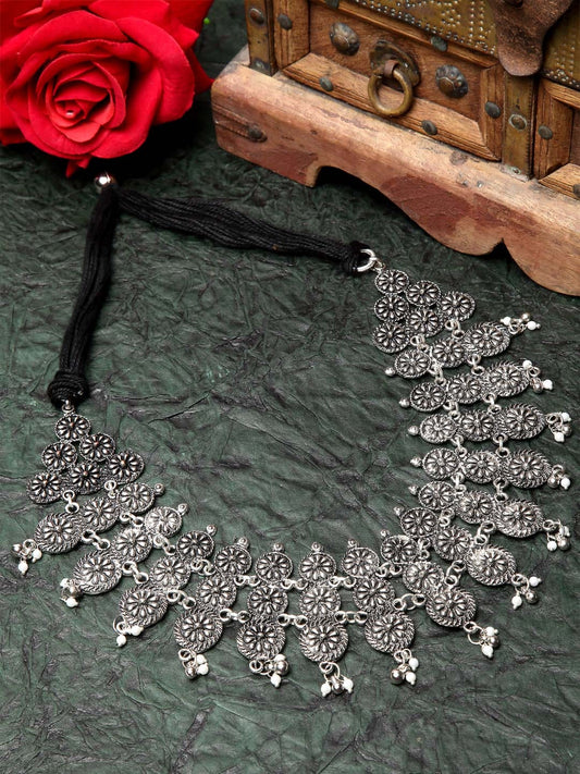 Silver-Toned & Black Brass Silver-Plated Oxidised Necklace