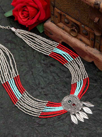 Women Red & Sea Green Silver-Plated Beads Layered Tribal Necklace
