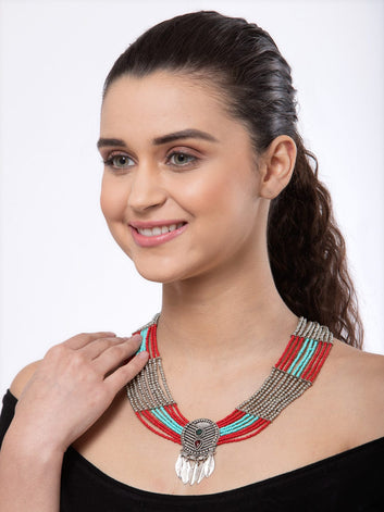 Women Red & Sea Green Silver-Plated Beads Layered Tribal Necklace