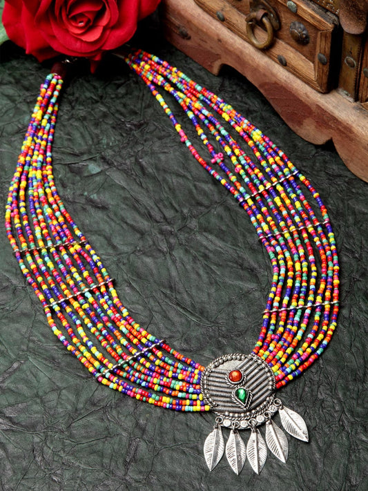 Silver-Toned & Blue Brass Silver-Plated Afghan Necklace