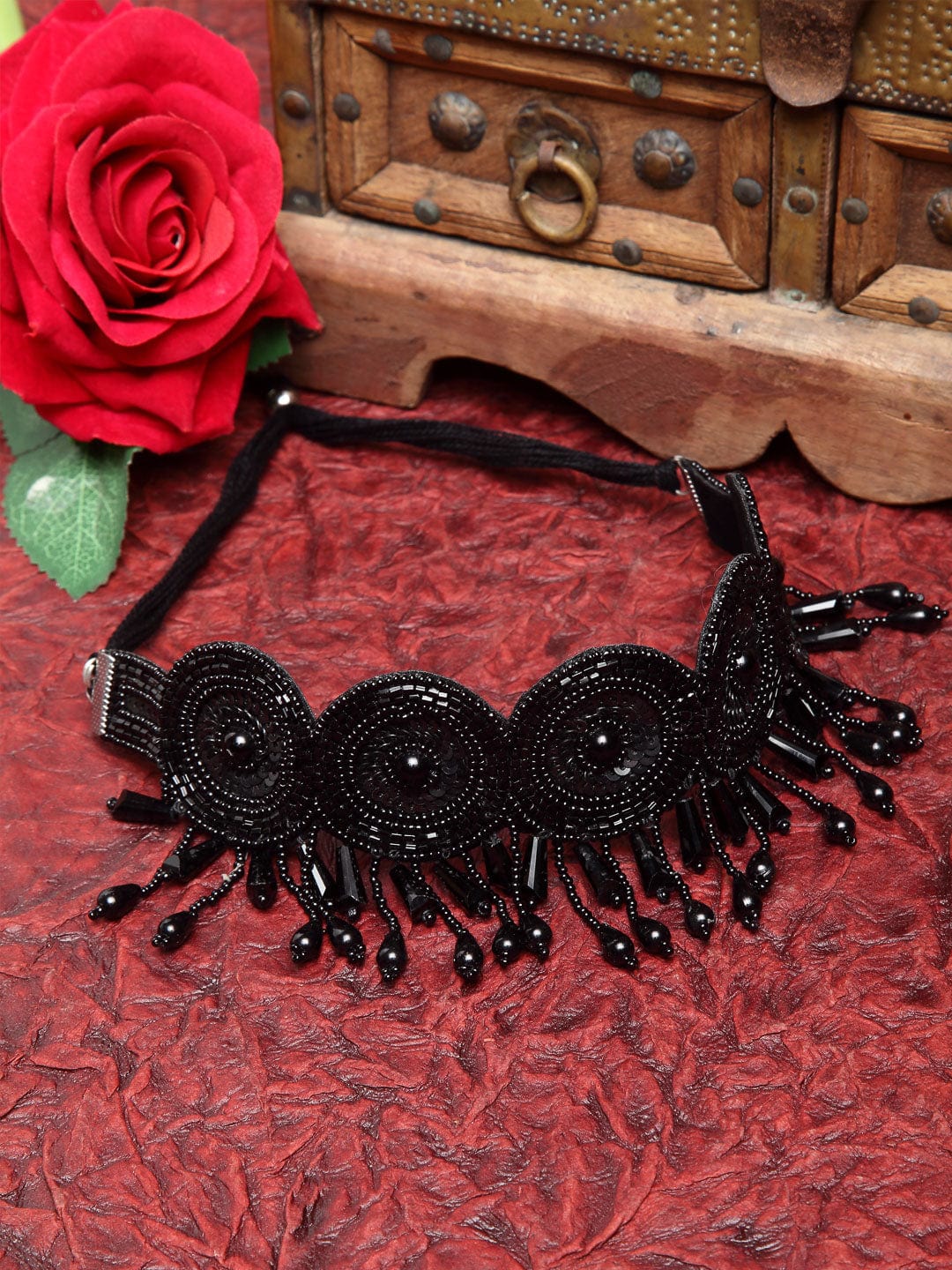 Women Black Beads and Sequins Afghan Contemporary Design Tasselled Choker