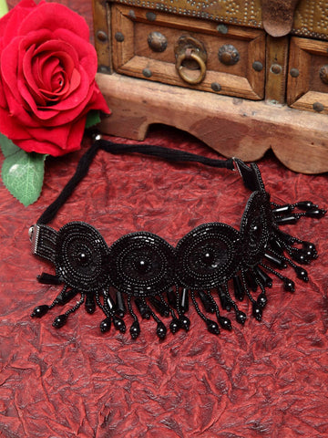 Women Black Beads and Sequins Afghan Contemporary Design Tasselled Choker
