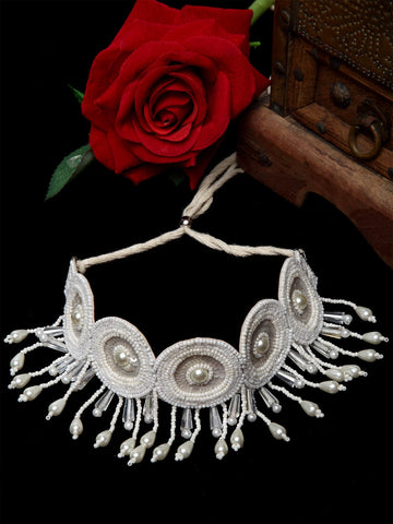 Silver-Toned & Off White Brass Silver-Plated Handcrafted Necklace