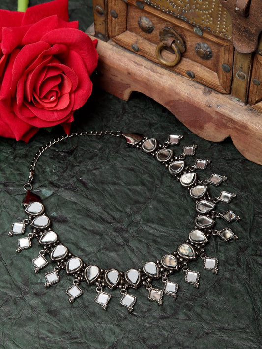 Silver-Toned Brass Silver-Plated Mirror Tribal Oxidised Necklace