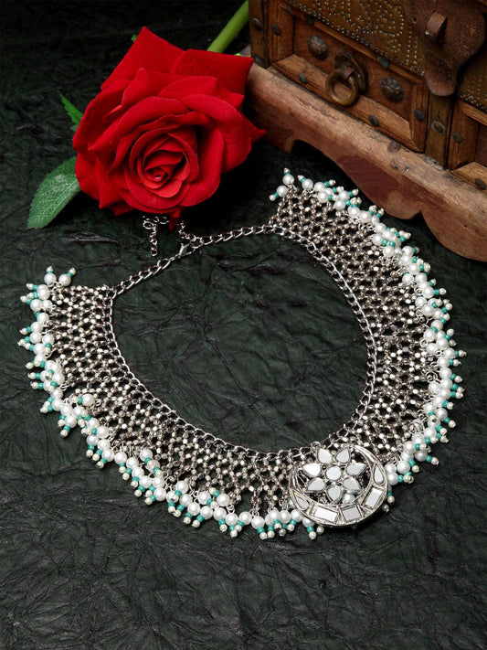 Women Silver-Toned & Plated Mirror & Pearls Filigree Work Necklace