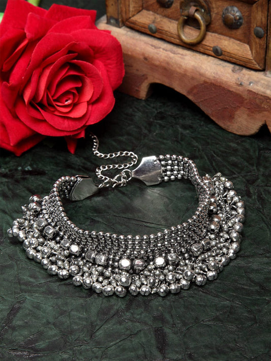 Silver-Toned Brass Silver-Plated Tasseled Choker Necklace