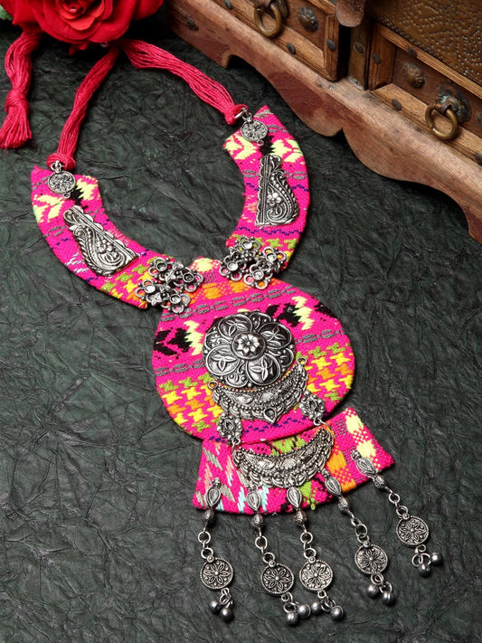 Pink & Silver-Toned Brass Silver-Plated Handcrafted Tasselled Oxidised Necklace