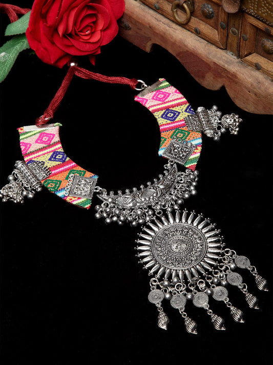 Women Pink Silver-Plated Embroidered Necklace