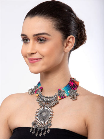 Silver-Toned & Blue Brass Silver-Plated Handcrafted Necklace