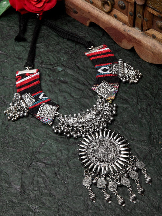Silver-Toned & Red Brass Silver-Plated Handcrafted Necklace