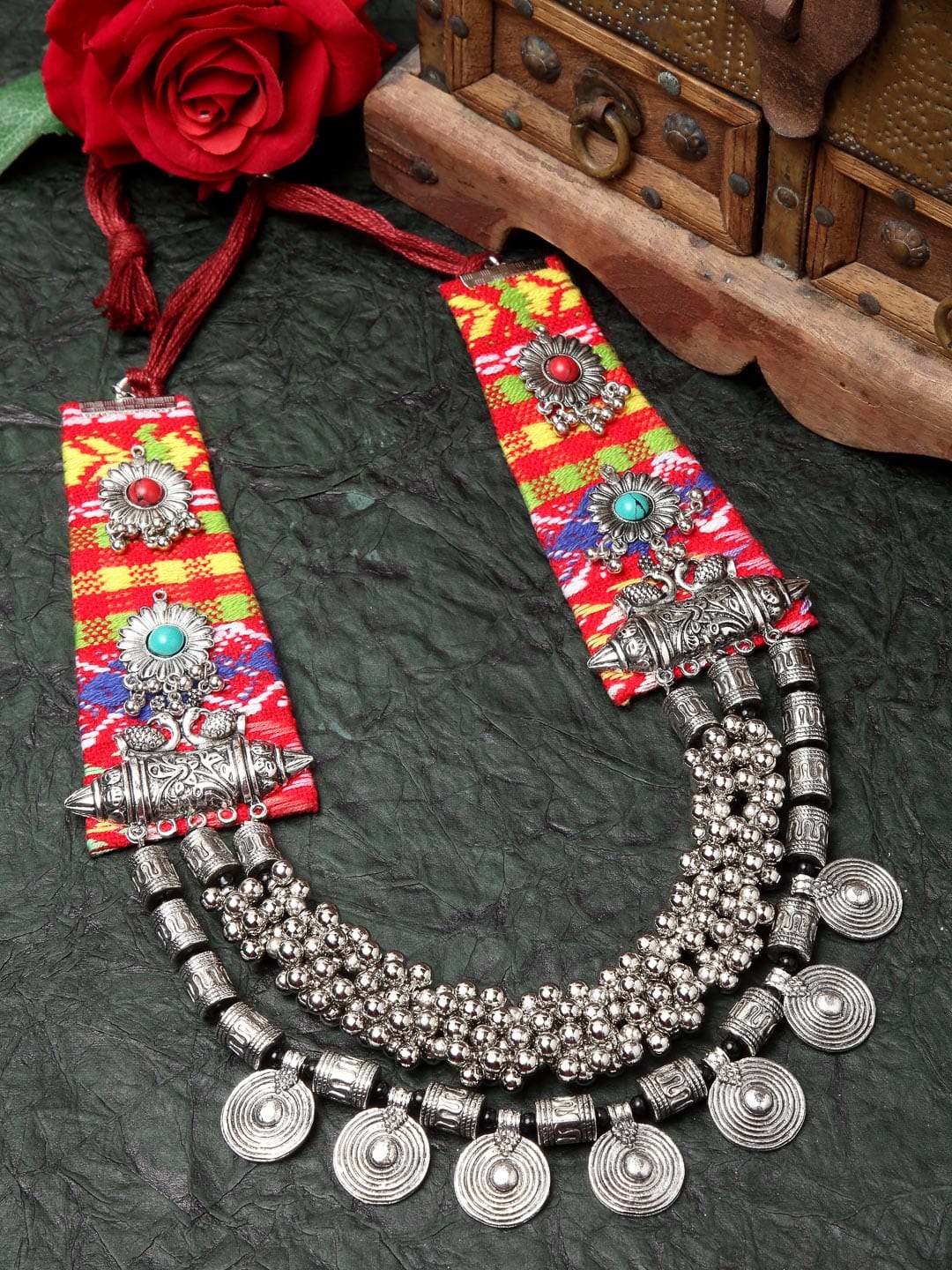 Silver-Toned & Red Brass Silver-Plated Layered Handcrafted Necklace