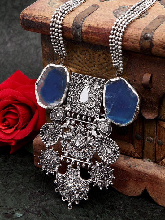 Silver-Toned & Blue Brass Silver-Plated Antique Necklace