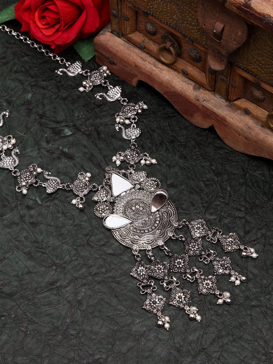 Women Silver Mirror Studded Filigree Work Oxidised Tasselled Necklace