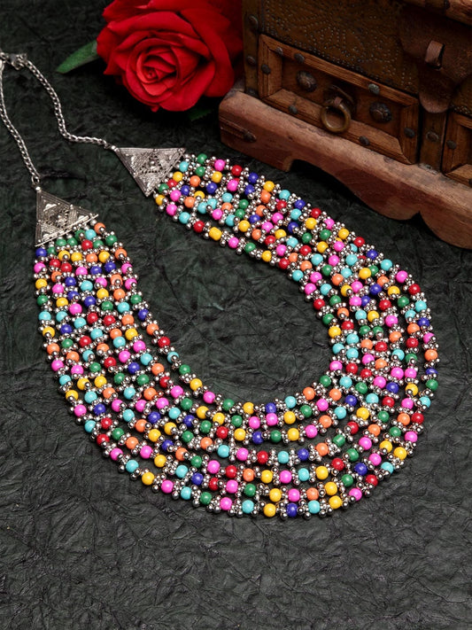 Silver-Toned & Pink Brass Silver-Plated Layered Necklace