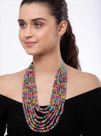 Silver-Toned & Pink Brass Silver-Plated Layered Necklace