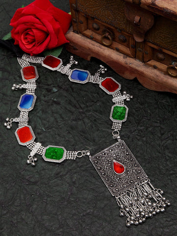 Silver-Toned & Red Brass Silver-Plated Meenakari Necklace